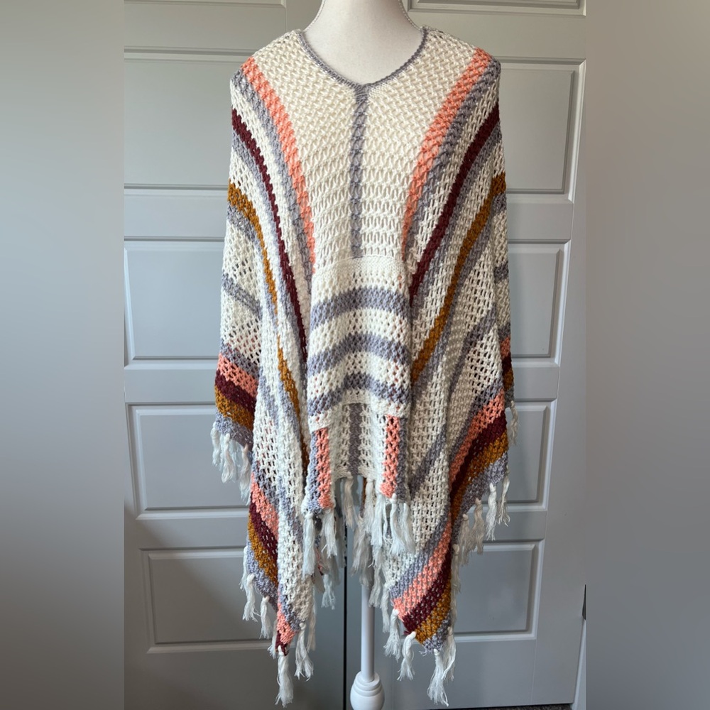Love Stitch Striped Poncho Open Knit Fringe Trim Cover Up Bohemian Festival OS